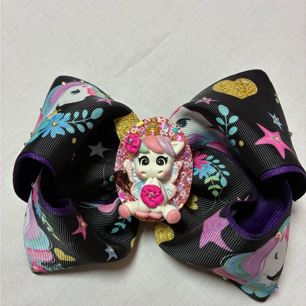 Unbranded Black Unicorn Print Hair Bow with Pink Character Center